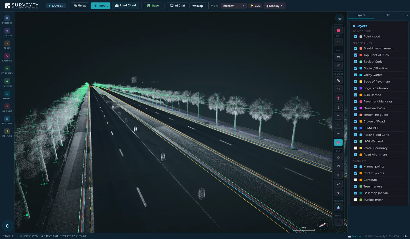 SurveyFy AI workstation showing a mobile LiDAR highway corridor with curbs, pavement edges, lane markings and trees traced automatically