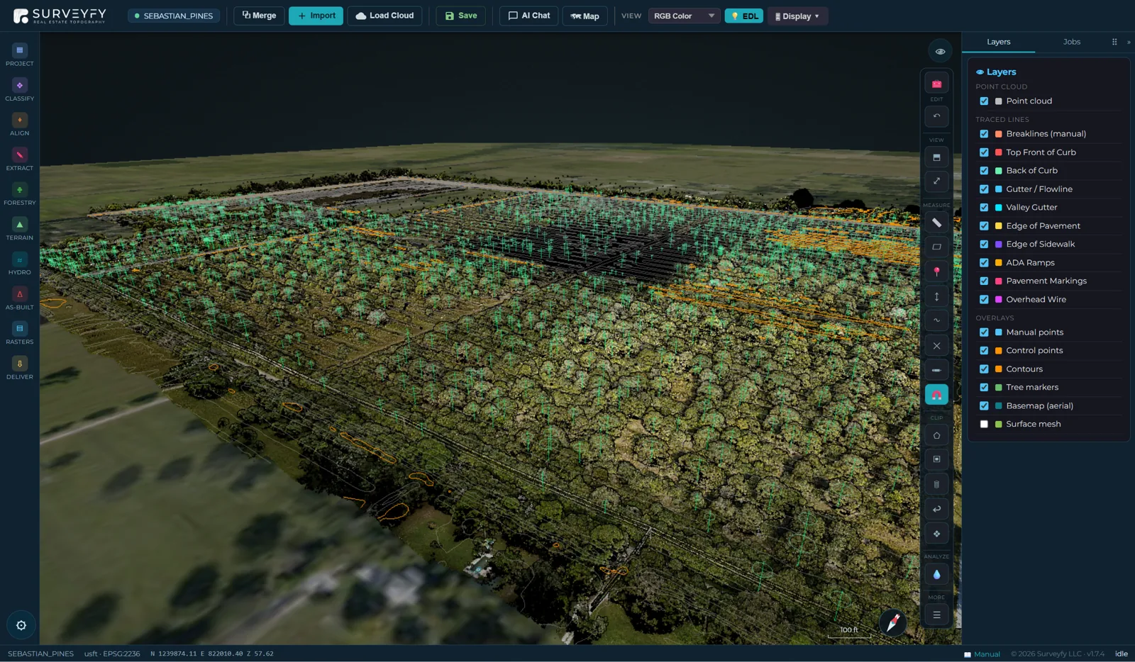 SurveyFy AI workstation showing a drone LiDAR point cloud with an automatic tree inventory and traced site linework