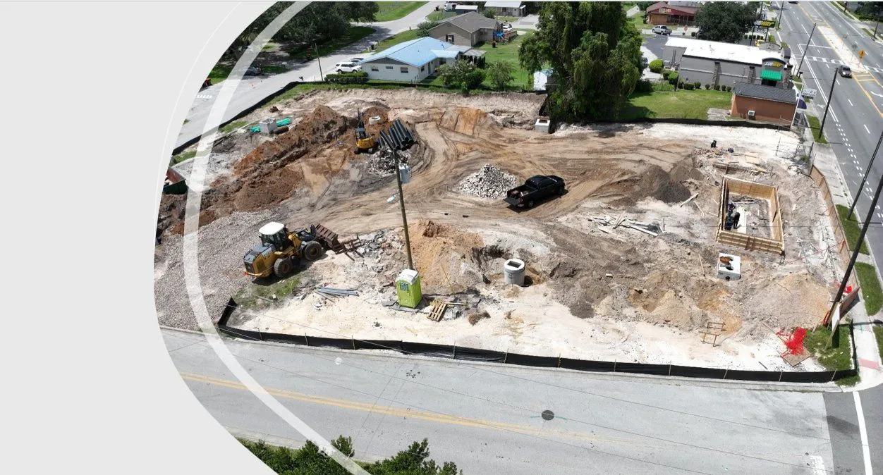 Drone aerial — active construction site survey