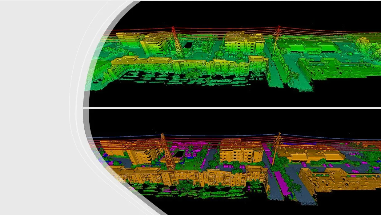 Classified LiDAR point cloud — power line corridor and vegetation analysis