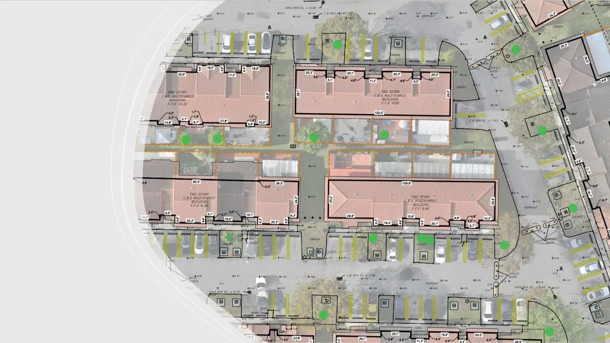 Aerial survey overlay — multifamily property with building dimensions and FFE