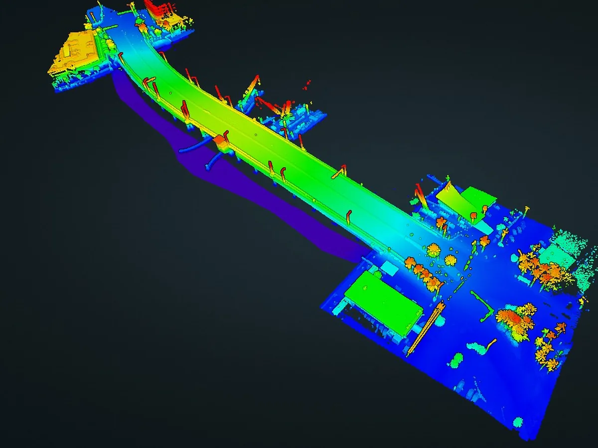 Bridge corridor LiDAR point cloud with elevation gradient and bathymetric profile