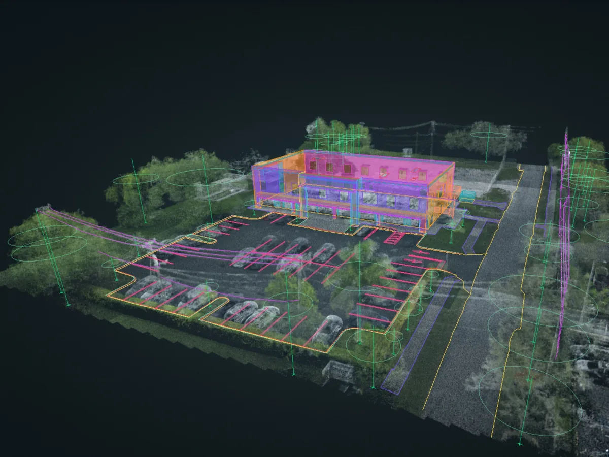 Classified LiDAR point cloud of a commercial building with parking, curbs and building footprint traced