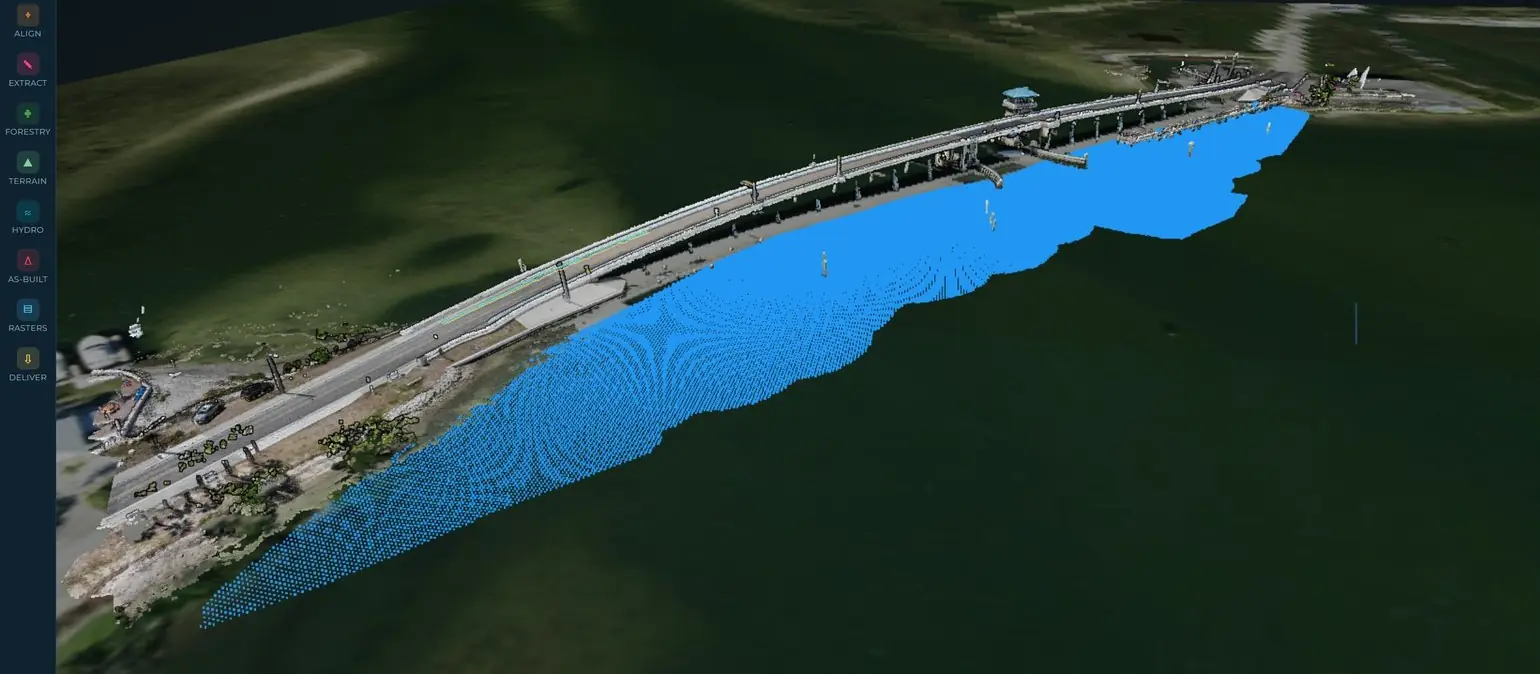 Surveyfy AI workstation showing a bathymetric surface of a channel next to a bridge