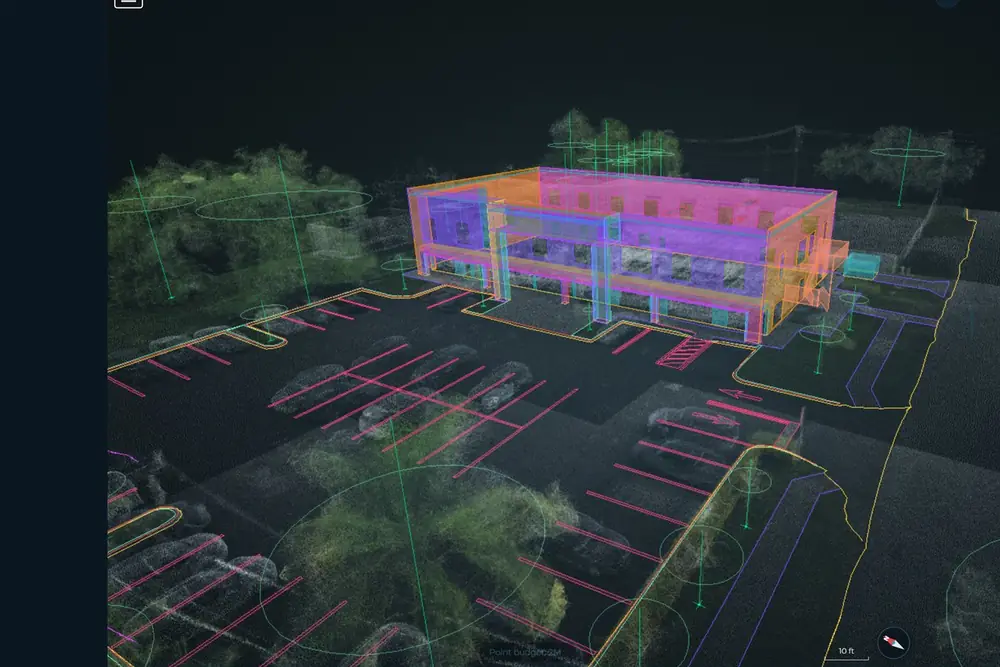 Surveyfy AI workstation showing a colored 3D building model extracted from a laser scan