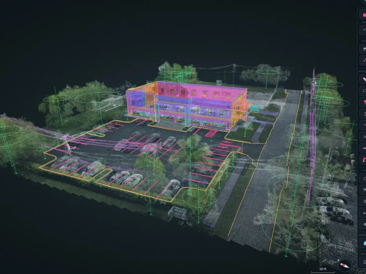 Surveyfy AI workstation showing a 3D model of a building with the surrounding site and trees