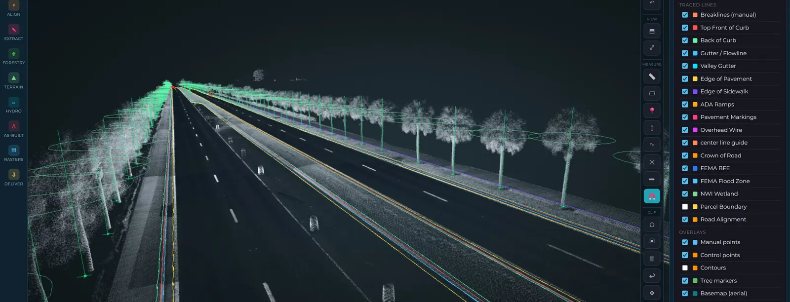 Surveyfy AI workstation showing a mobile LiDAR point cloud of a road corridor with AI-traced curbs, pavement edges and tree crowns