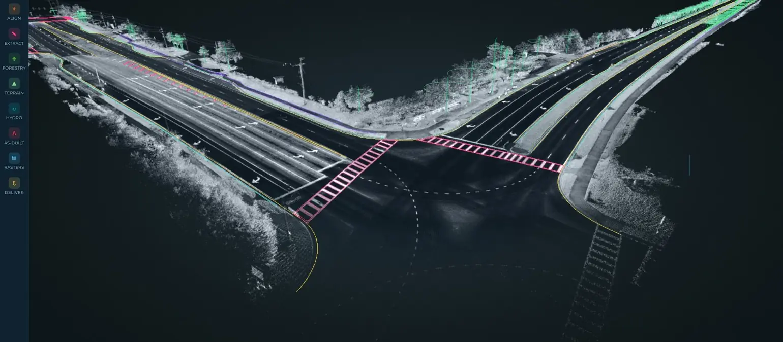 Surveyfy AI workstation showing a LiDAR point cloud of a highway interchange under construction
