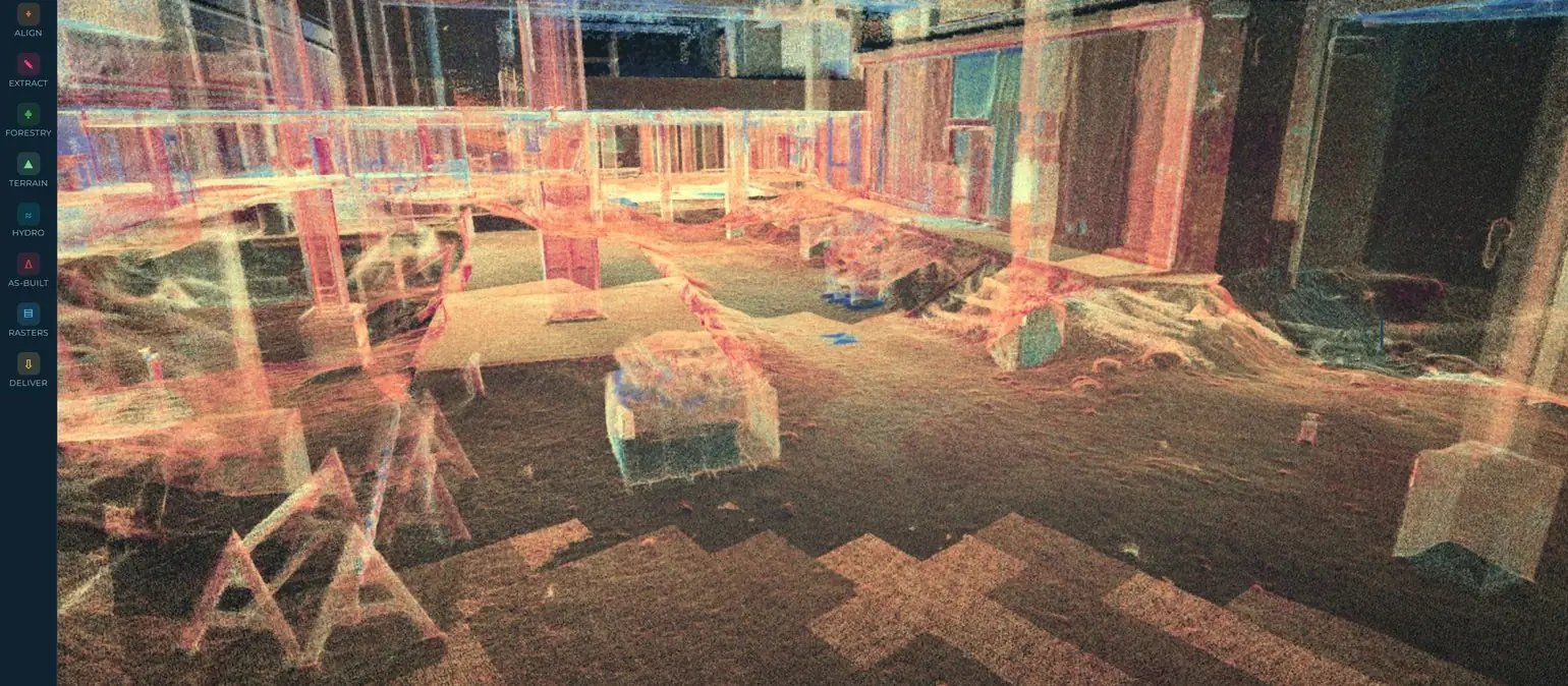 Surveyfy AI workstation showing a colored interior point cloud of a building with columns and formwork
