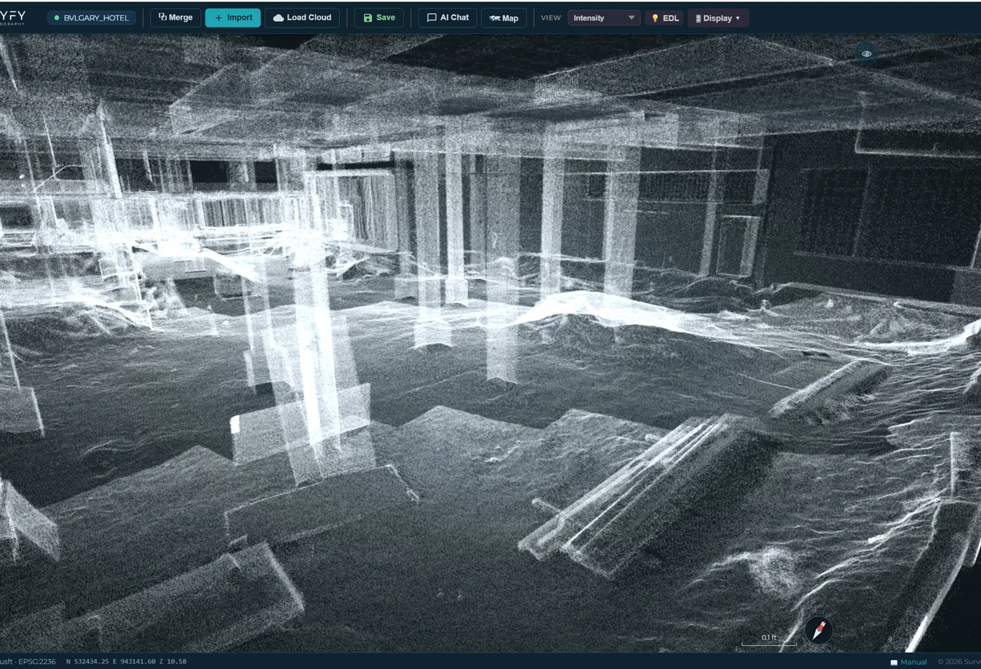 Surveyfy AI workstation showing an interior LiDAR scan of a building under construction