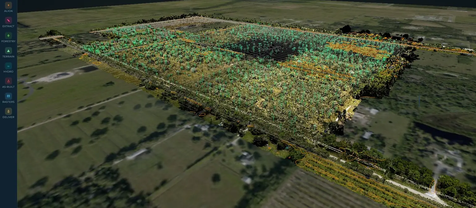 Surveyfy AI workstation showing a classified LiDAR point cloud of a wooded parcel with a road